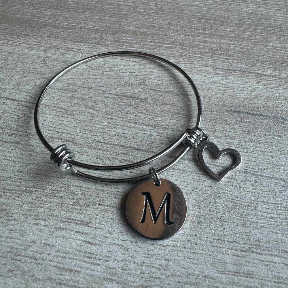 "M" initial adjustable bangle bracelet with heart charm